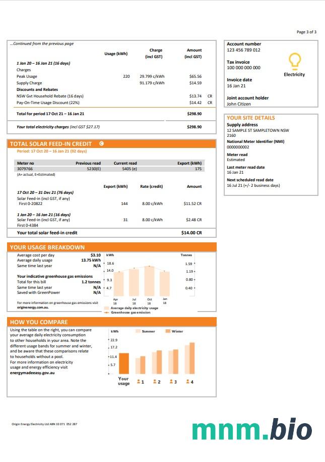 Australia Nowa Południowa Walia (NSW) pochodzenie szablon rachunku za energię elektryczną w formacie Word i PDF 3